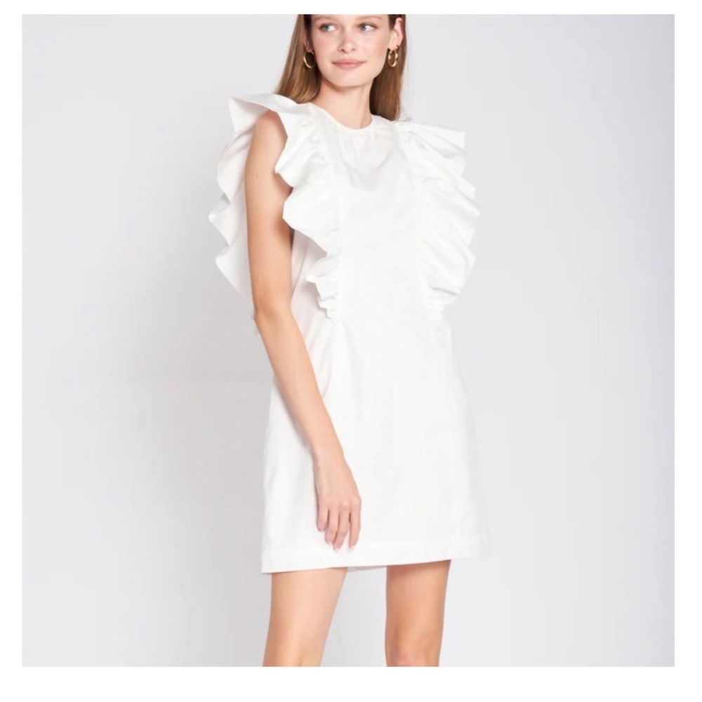 En Saison Lifted Mini Dress White Cotton Ruffle Sleeve Shift Size Medium
